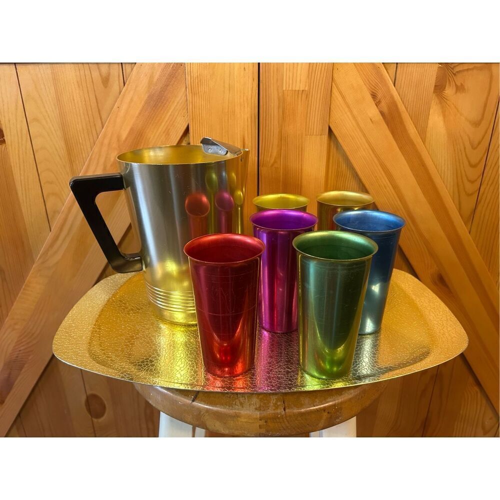 Regal Supreme Quality Aluminum Pitcher ,6 Glasses Multi Colored Platter (8452)